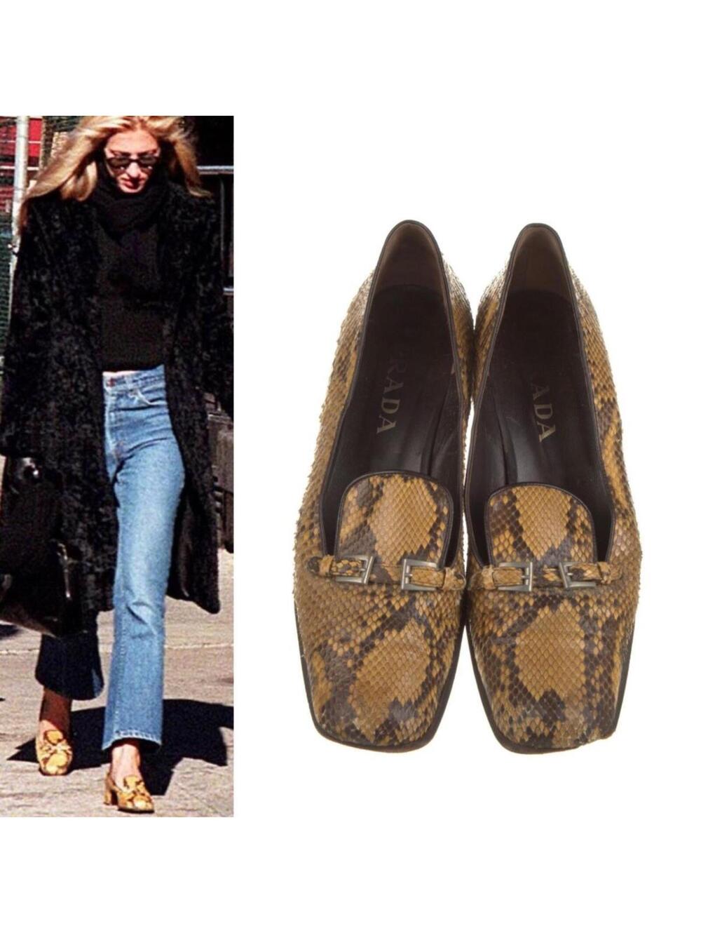Prada Carolyn Bessette Snakeskin Leather Stiletto Heels With Decorative Buckle